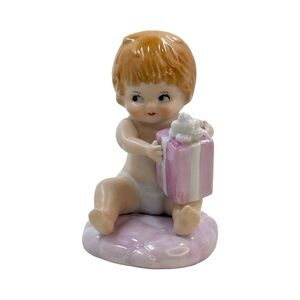 Vintage TOMA 5851 Porcelain Baby Figurine w Present Figurine Vintage 4x3” Korea